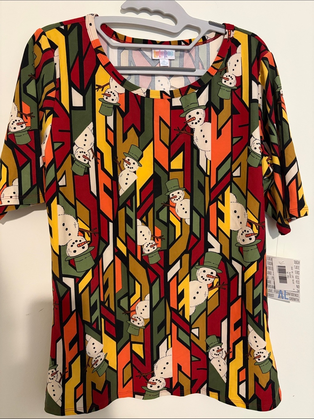 LuLaRoe Gigi Short Sleeve Snowman Geo Top - Green/Red/Yellow/Orange